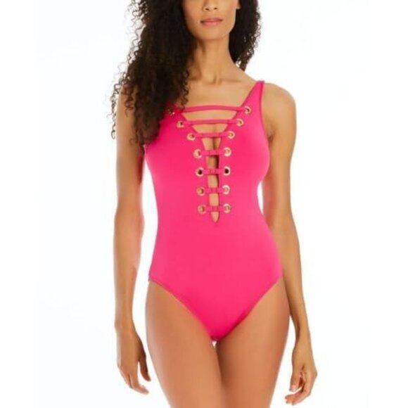 Bleu Rod Beattie Swimwear Lattice Plunging One-Piece Swimsuit Pink 4 - Picture 2 of 6